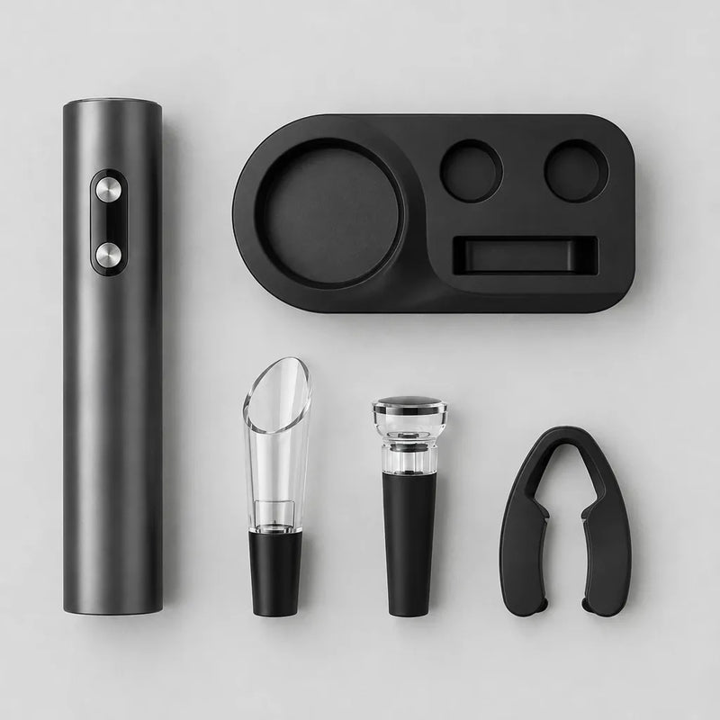 Electric corkscrew, storage base, wine pourer, vacuum stopper and foil cutter laid out