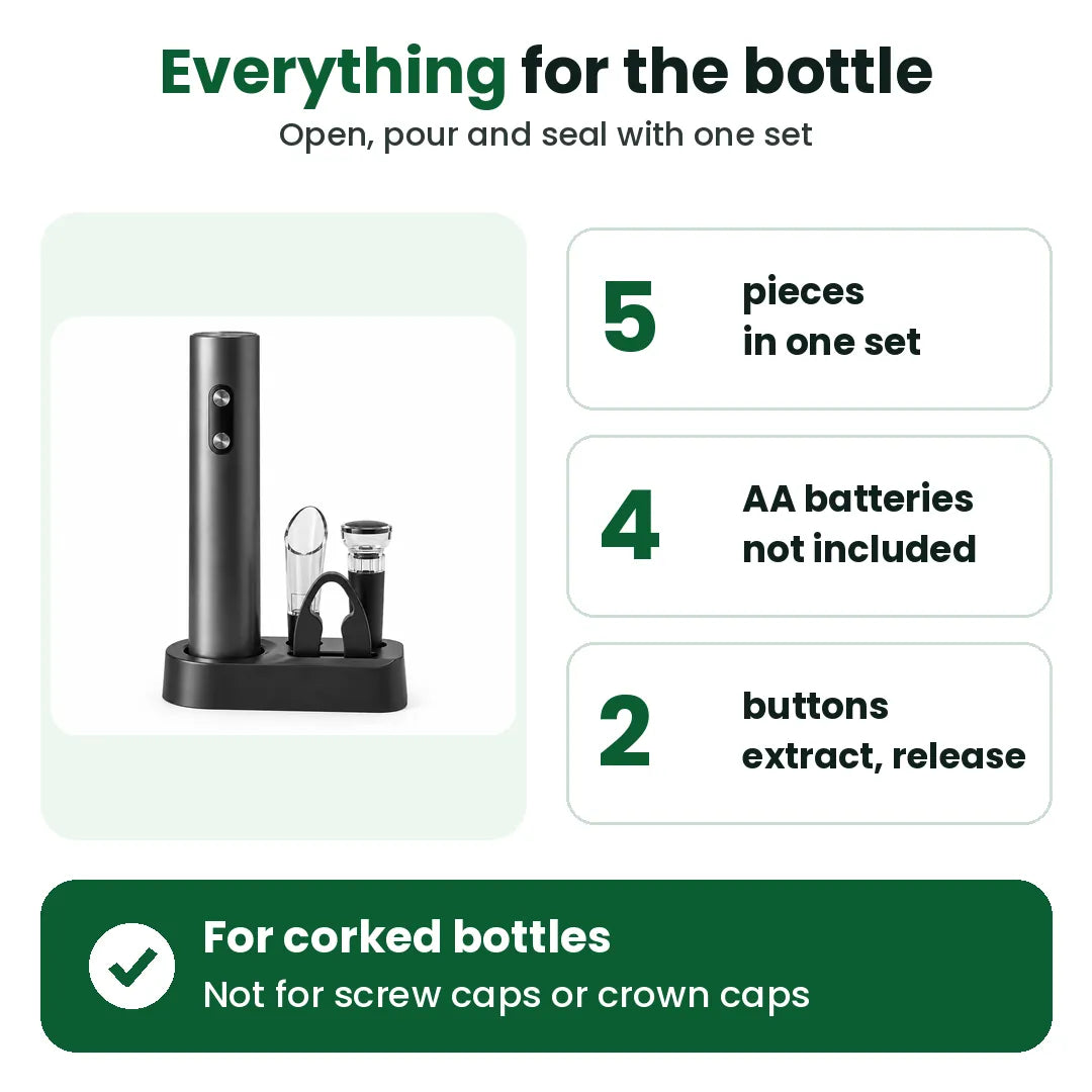 Electric wine opener set: 5 pieces, runs on 4 AA batteries, two buttons