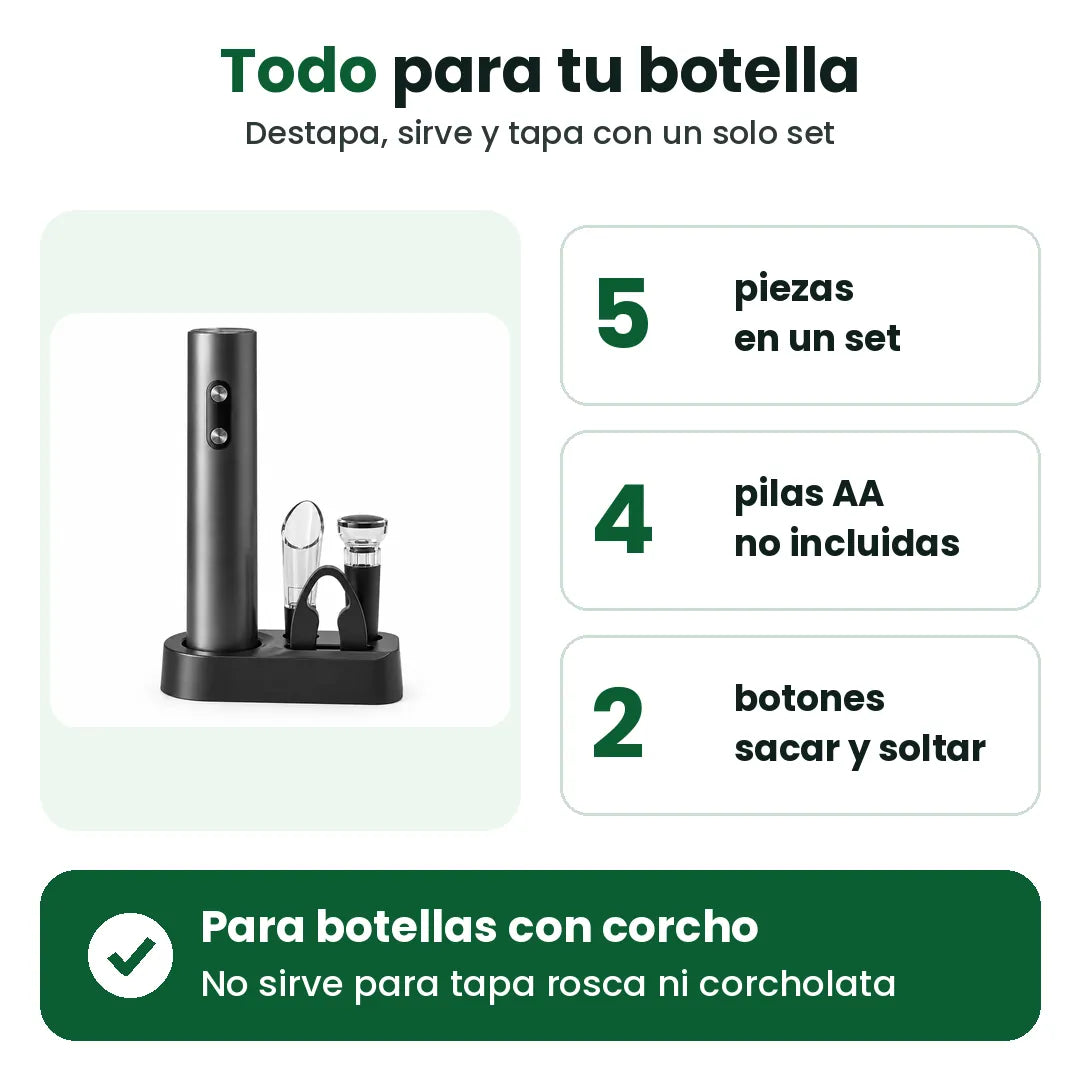 Set destapador de vino eléctrico: 5 piezas, 4 pilas AA y dos botones