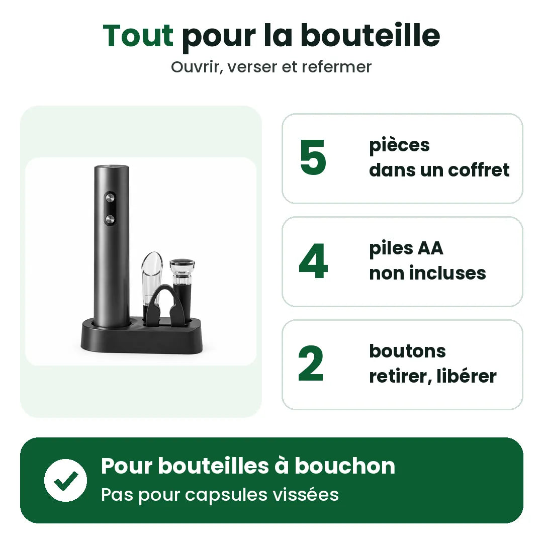Coffret tire-bouchon électrique : 5 pièces, 4 piles AA et deux boutons