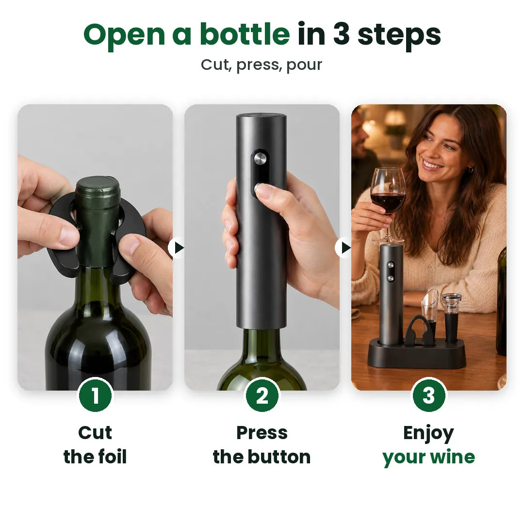 How to use the electric corkscrew: cut the foil, press the button, enjoy your wine