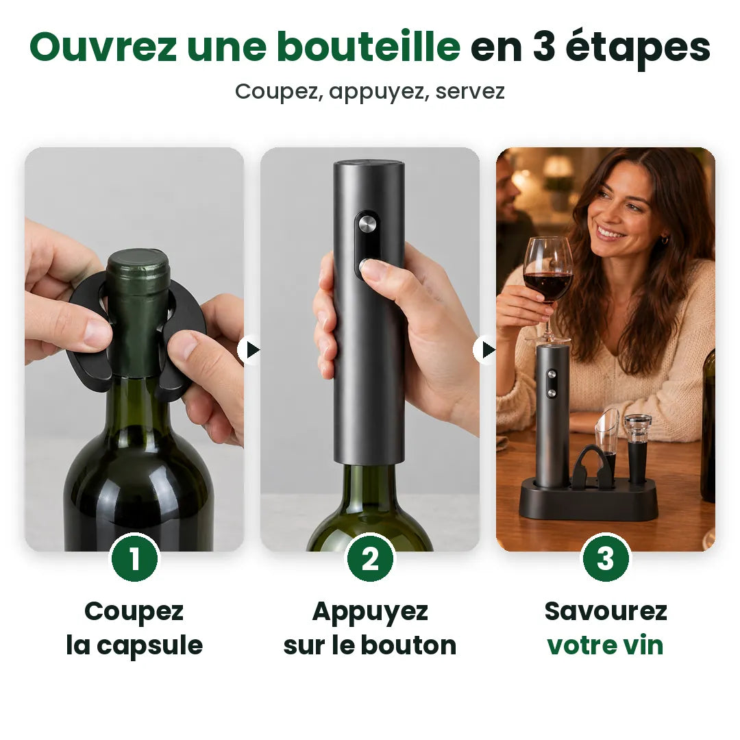 Utiliser le tire-bouchon électrique : couper la capsule, appuyer, savourer le vin
