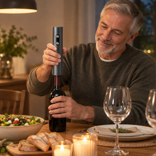 Man opening a bottle of red wine at the dinner table with an electric corkscrew
