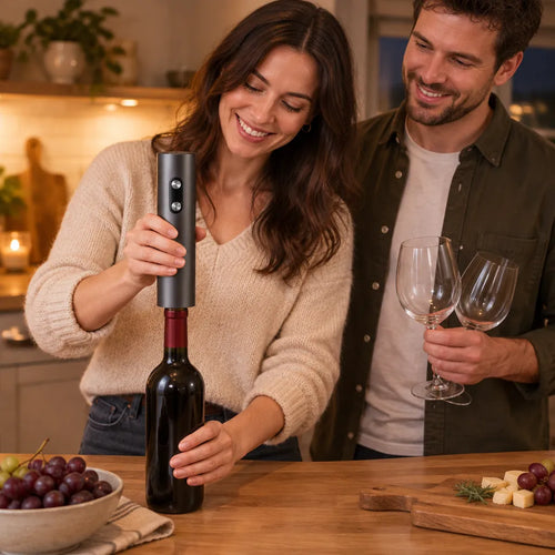 Couple in the kitchen opening red wine with an electric wine opener