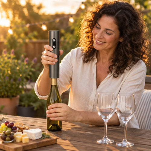 Woman opening white wine on a patio table with an electric wine bottle opener