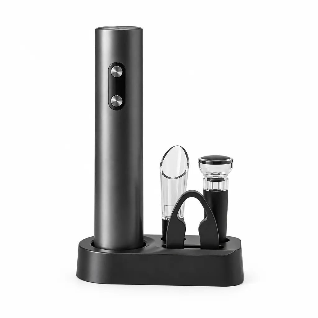 Electric wine opener set on its black stand with foil cutter, pourer and vacuum stopper