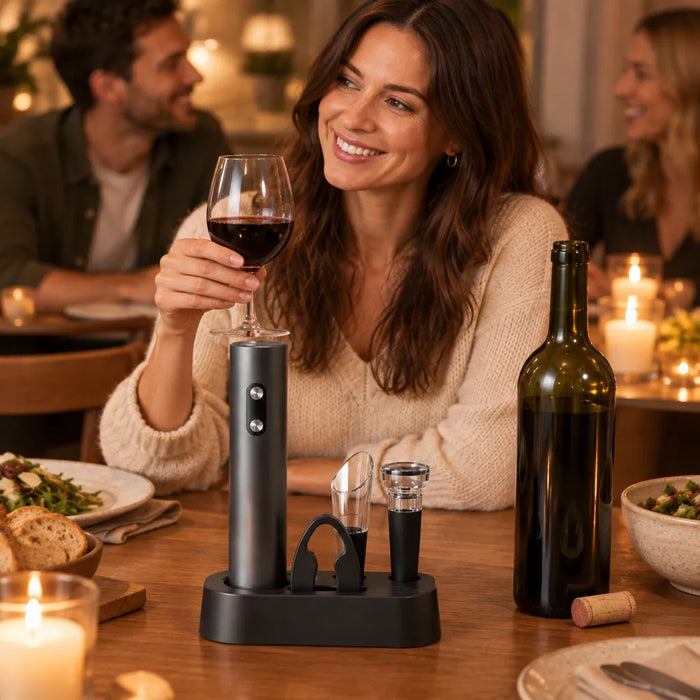 Woman smiling with a glass of red wine next to the wine opener set at a dinner table
