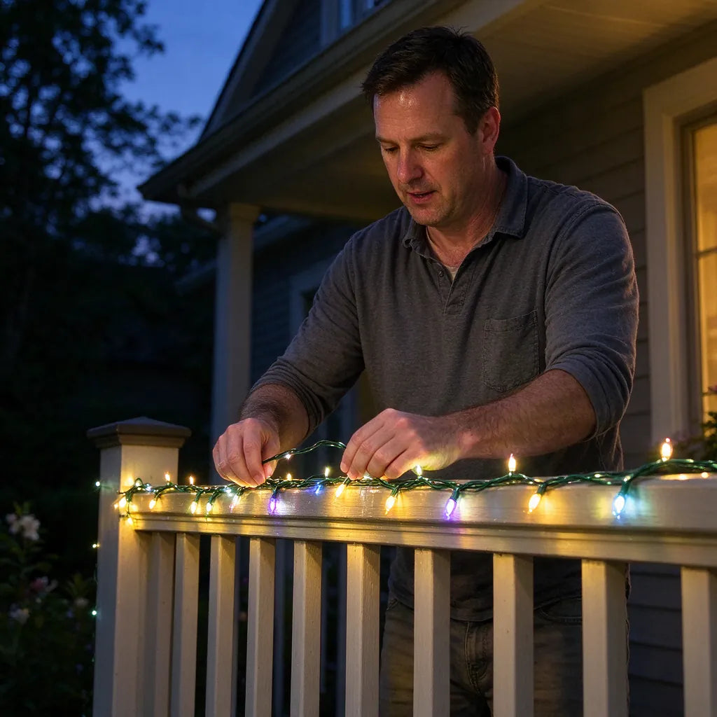 Man hanging LED string lights along a porch railing at dusk