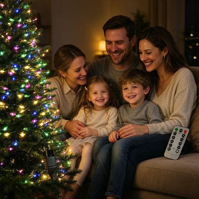 Familia disfrutando un árbol de Navidad iluminado con luces LED