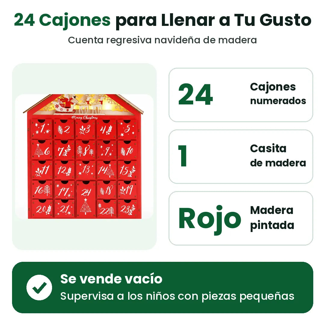 Calendario de adviento de madera con 24 cajones para llenar, cuenta regresiva navideña reutilizable