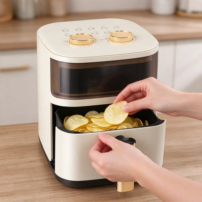 Hands adding crisps to the drawer of a cream white air fryer on a kitchen worktop