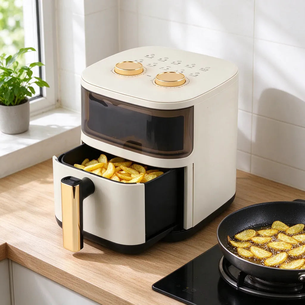 Air fryer with golden chips in the drawer beside a pan of chips frying in oil