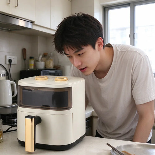 Young man checking food through the window of a white air fryer in a small flat kitchen