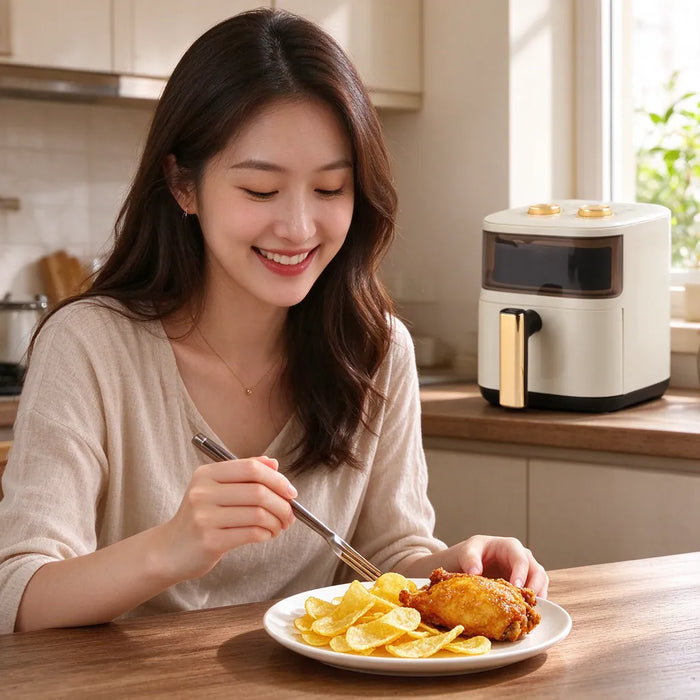 Smiling woman about to eat crispy chips and chicken made in a large air fryer