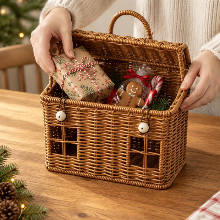 Manos llenando una canasta tejida con un regalo envuelto y dulces navideños