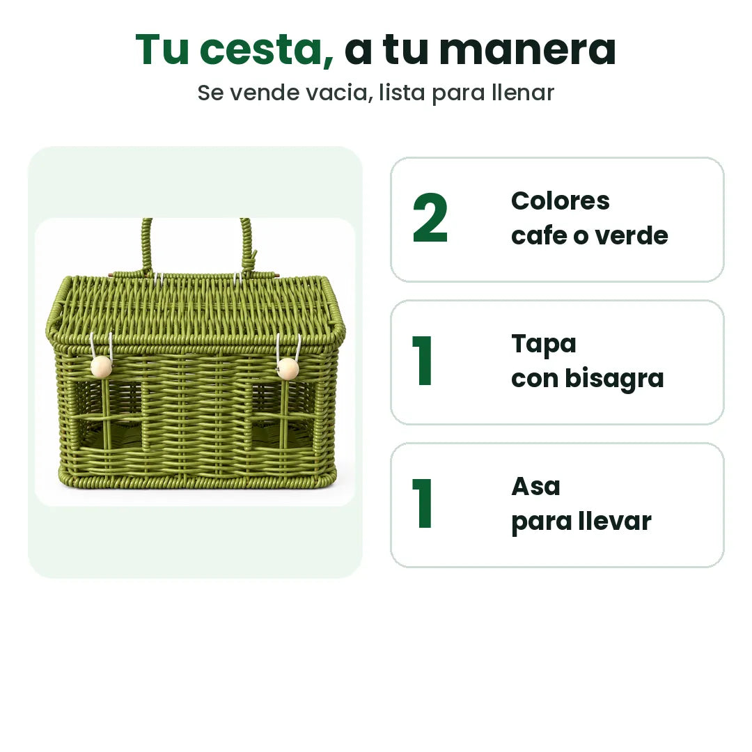 Características de la canasta navideña: dos colores, tapa con bisagra, asa