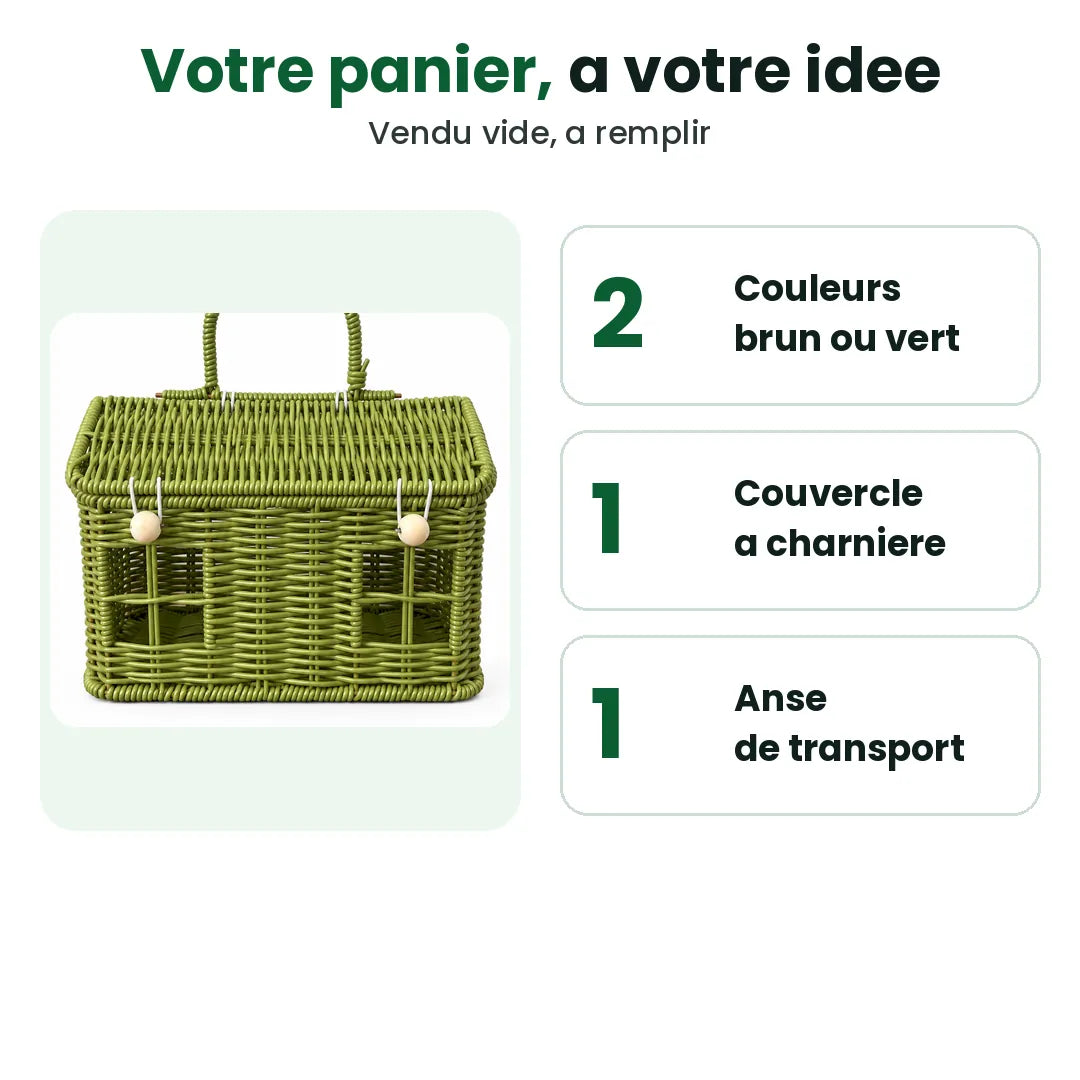 Caractéristiques du panier de Noël : deux couleurs, couvercle à charnière, anse