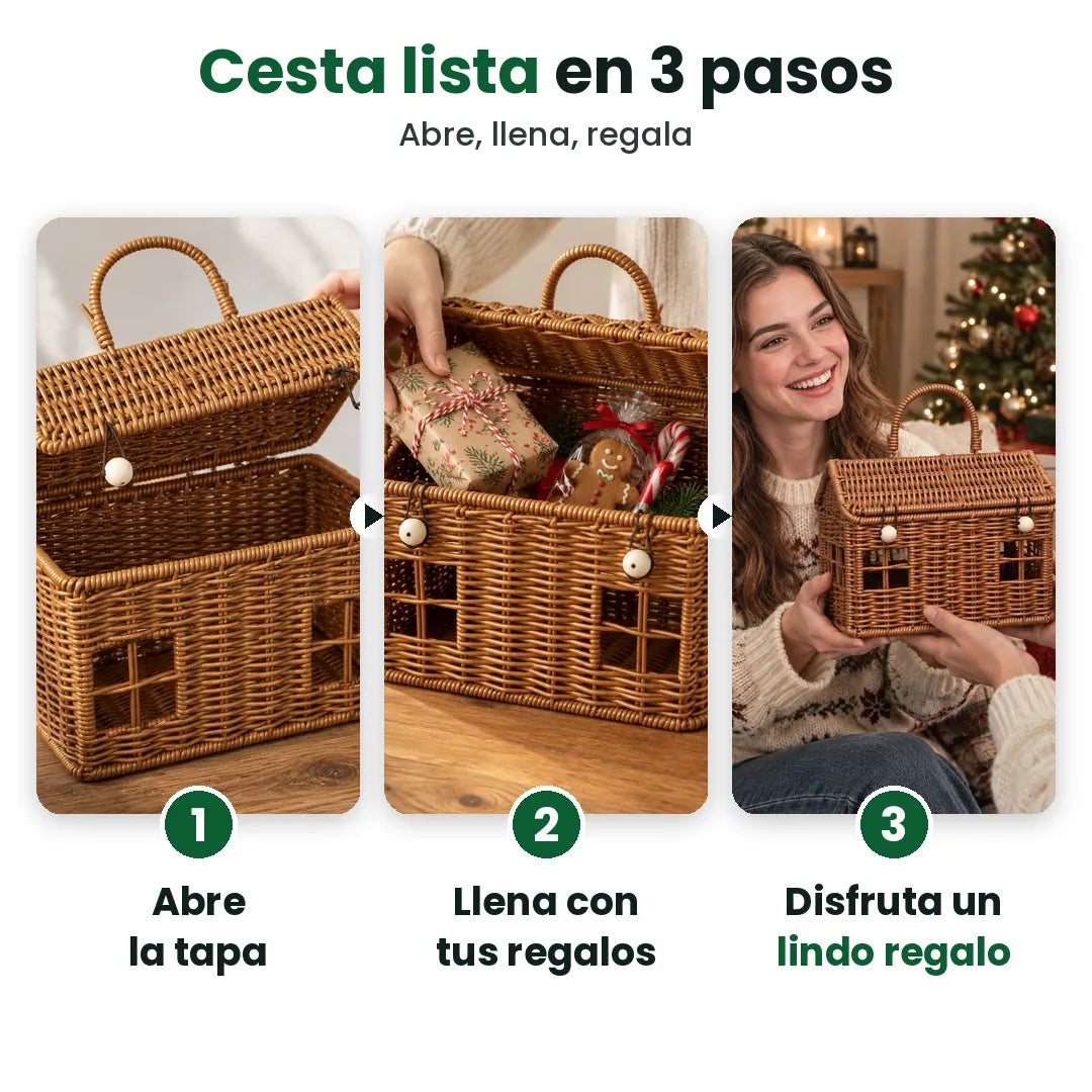 Tres pasos: abre la tapa, llena con regalos, regala la canasta