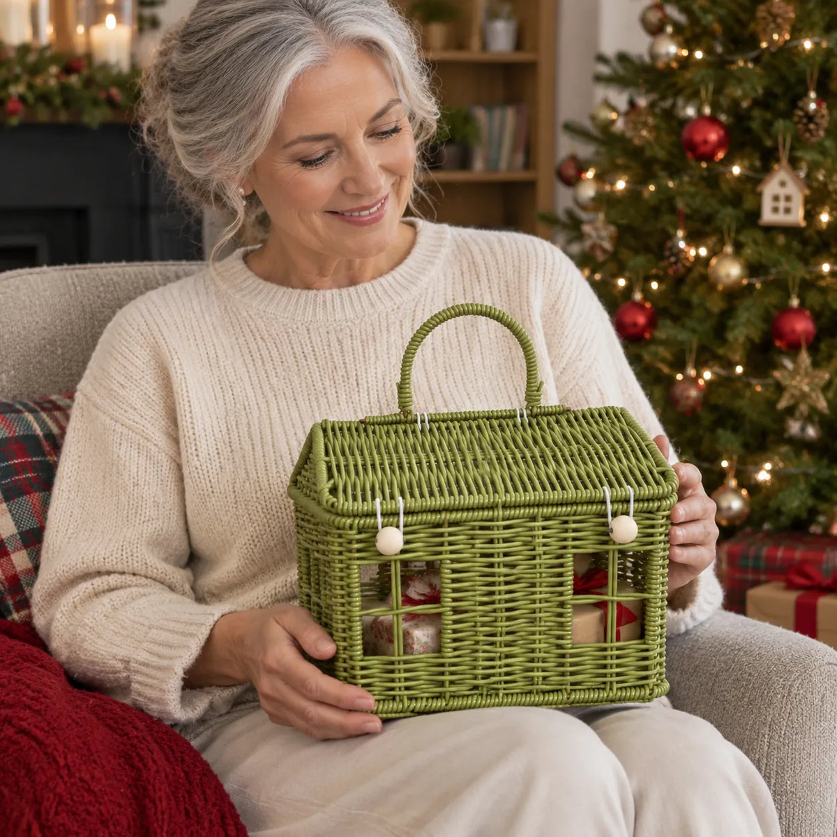 Older woman holding an olive green wicker hamper basket of gifts by the christmas tree
