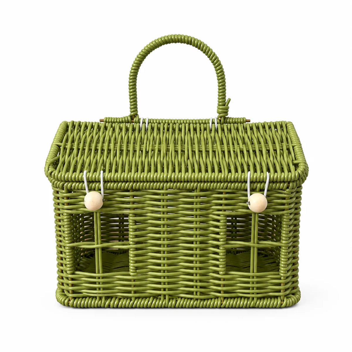 Woven house-shaped christmas hamper basket with lid on a white background