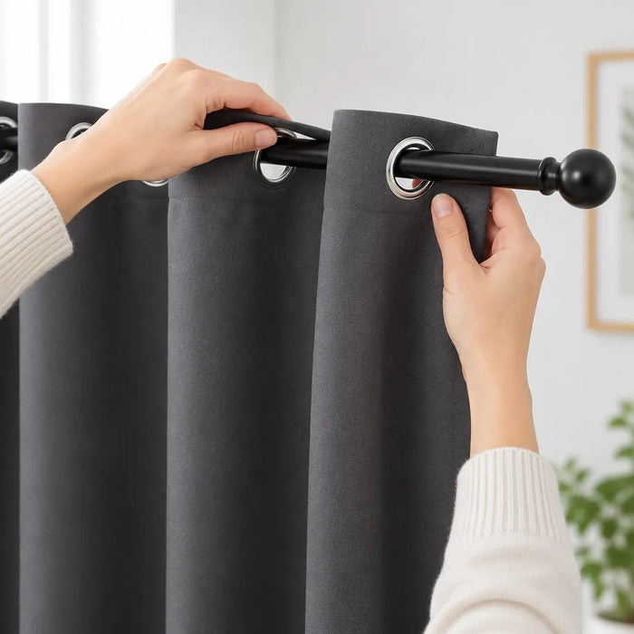Hands threading a curtain pole through the eyelets of a grey curtain