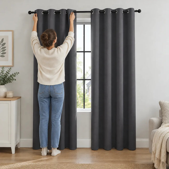 Woman hanging grey eyelet blackout curtains on a pole above a window