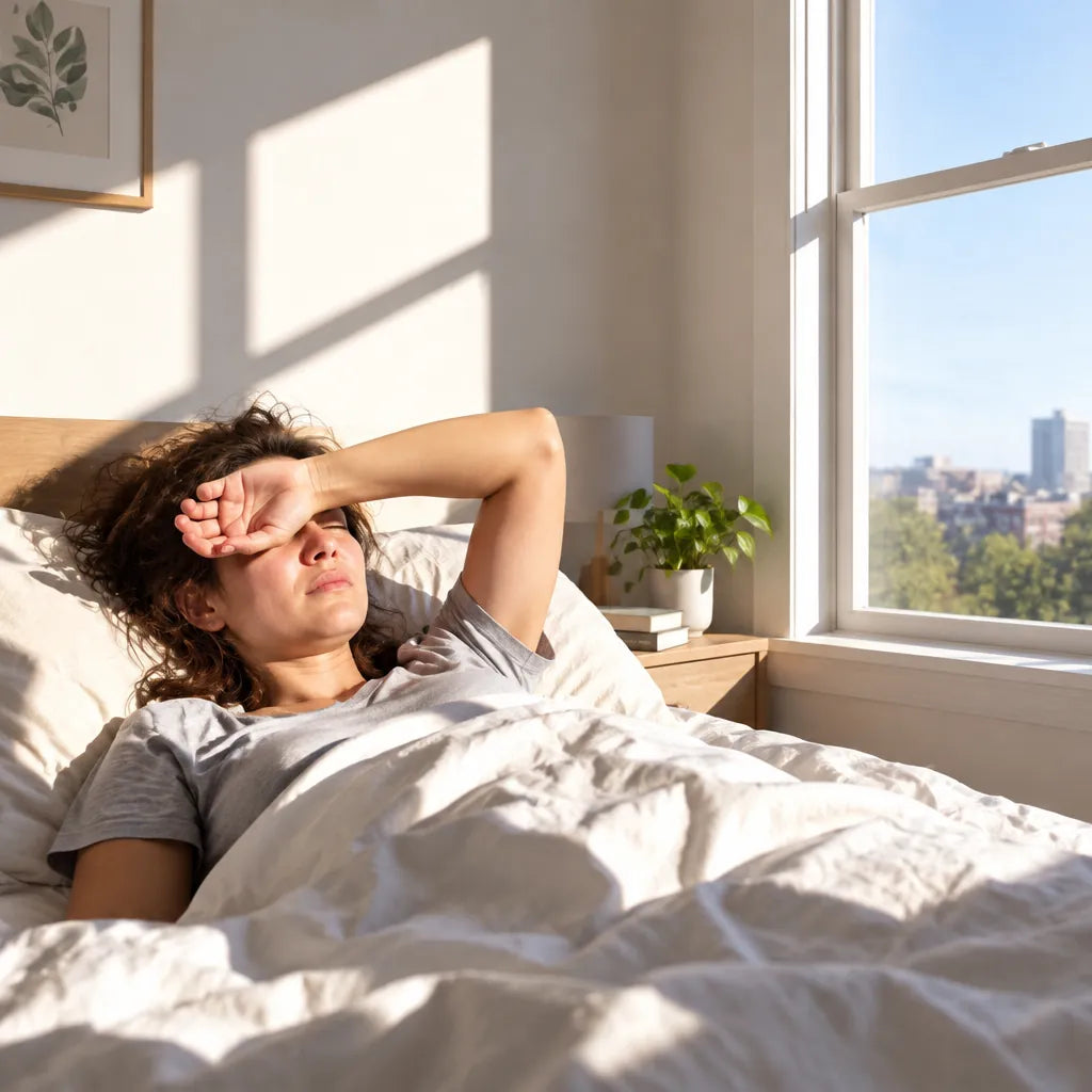 Person in bed shading their eyes from bright morning sun through an uncovered window
