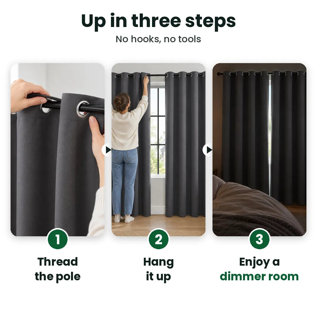 Three steps to hang eyelet blackout curtains on a pole