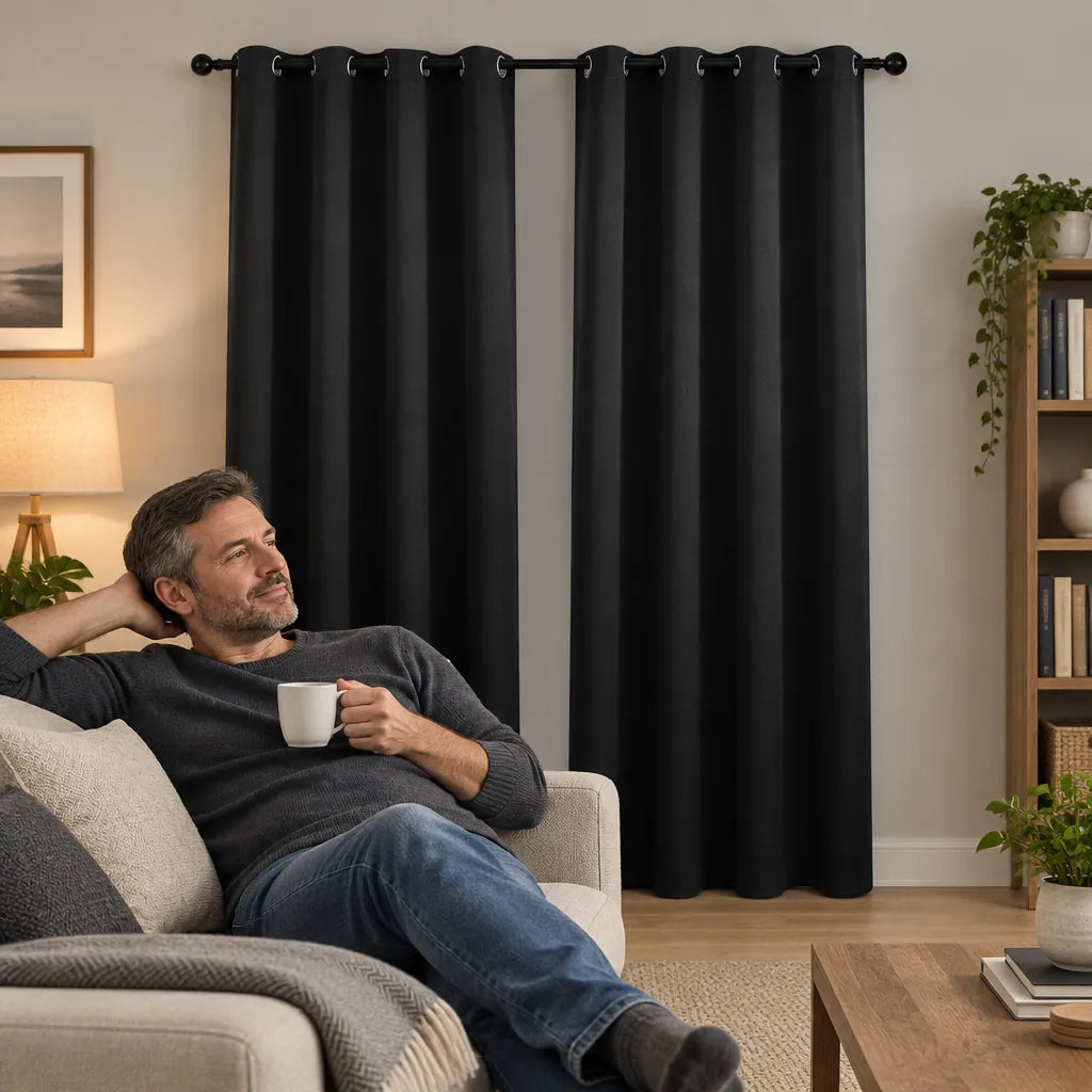 Man relaxing on a sofa in front of black eyelet blackout curtains