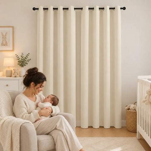 Mother holding her baby in a nursery with beige blackout curtains