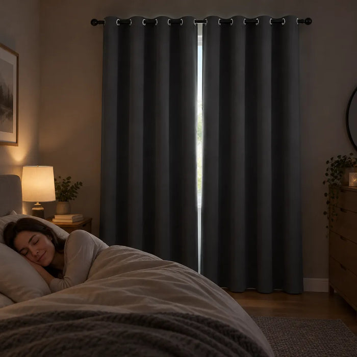 Person sleeping in a dim bedroom with grey blackout curtains closed