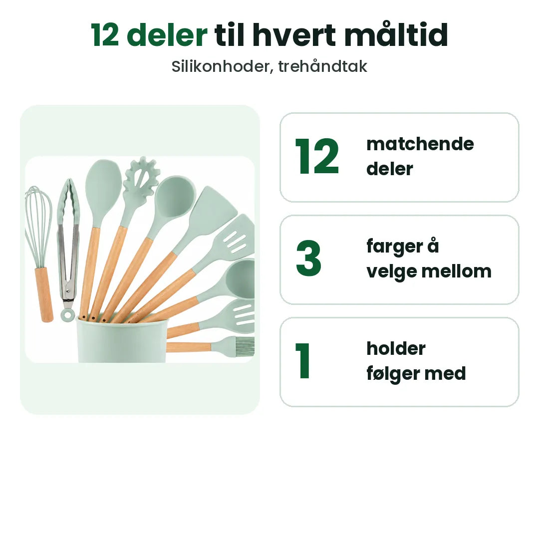 Sett med 12 kjøkkenredskaper med holder, tre farger å velge mellom