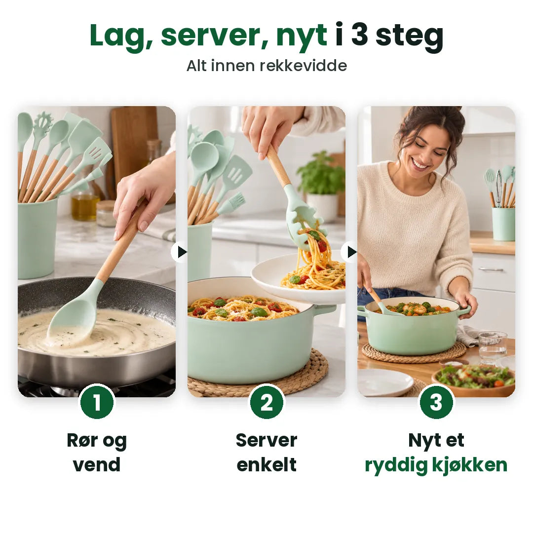 Lag, server og nyt i tre steg med et sett kjøkkenredskaper i silikon