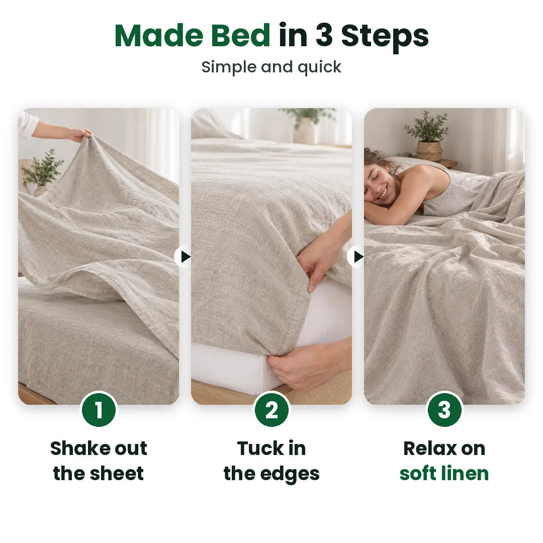 Three steps to make a bed with a linen sheet
