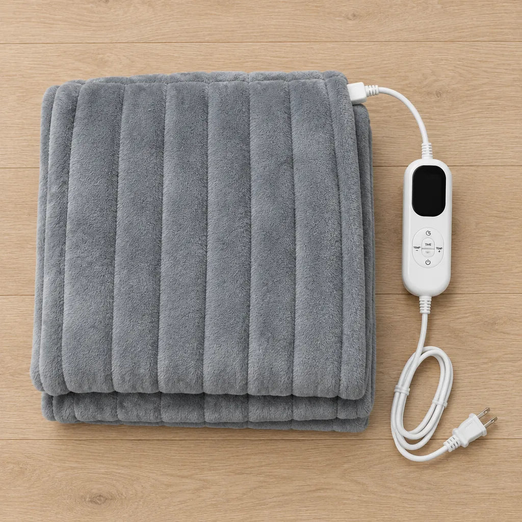 Folded gray heated throw blanket with controller and US plug on a wood floor