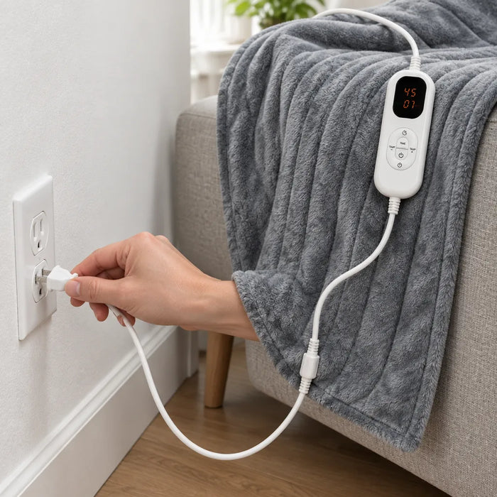 Hand plugging the heated throw blanket cord into a wall outlet