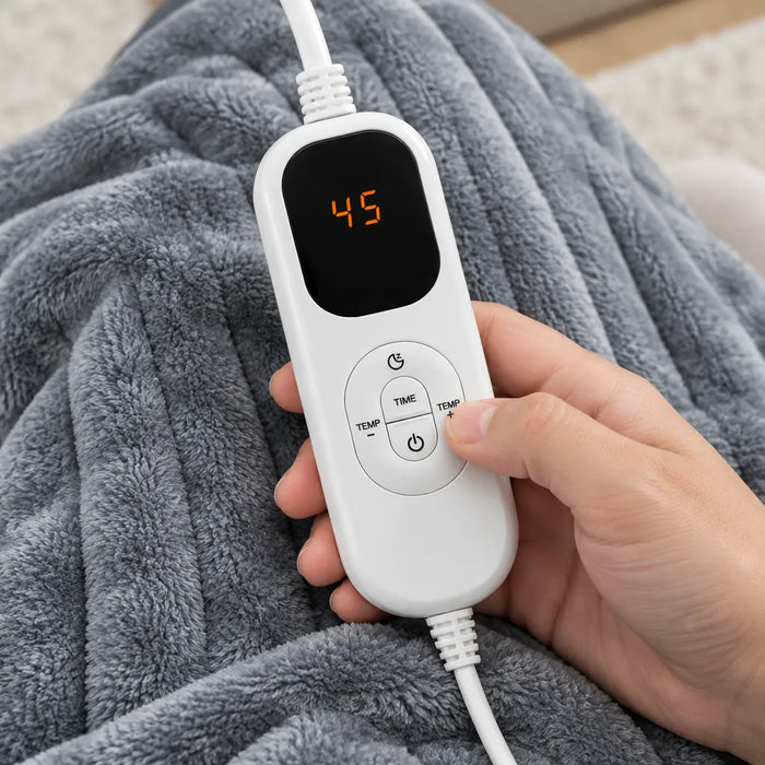 Thumb pressing TEMP + on the heated blanket controller