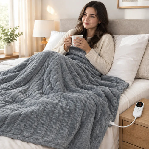 Woman with tea in bed under a gray heated blanket, controller on the nightstand