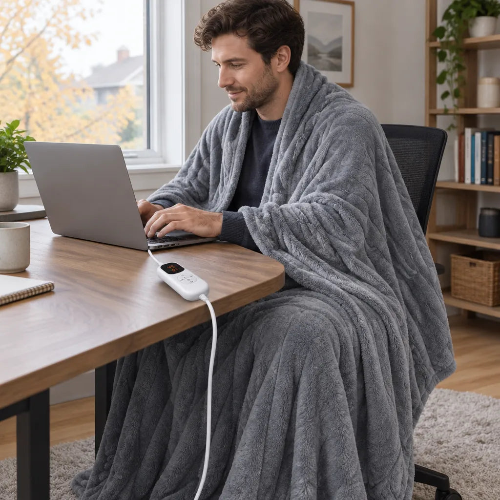 Man at his home office desk wrapped in an electric throw blanket
