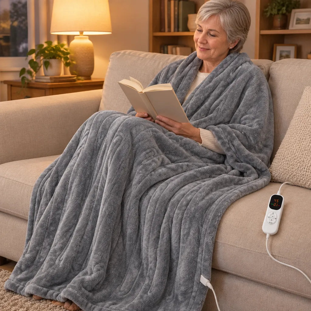 Older woman reading on the sofa under a gray heated throw blanket