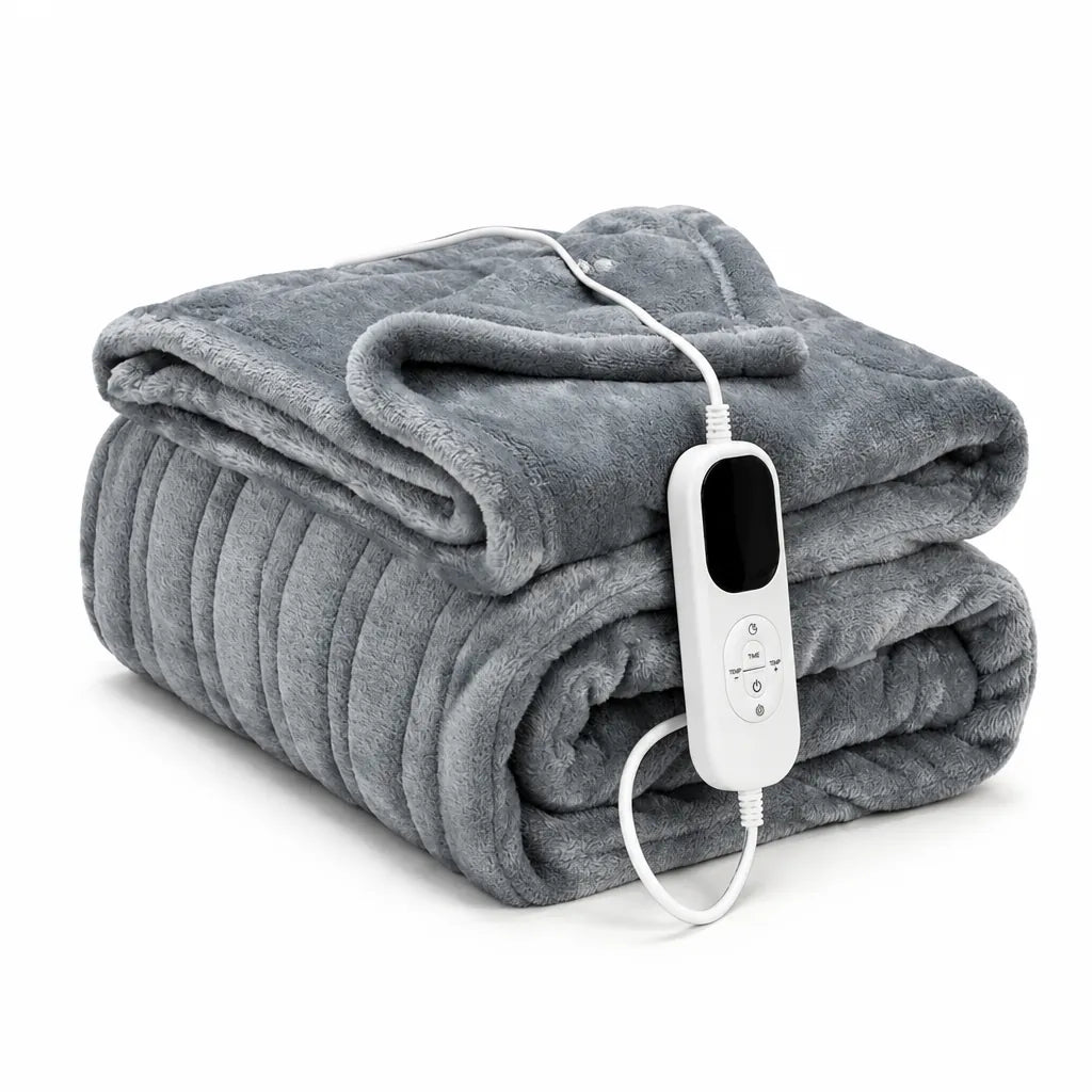 Gray heated throw blanket folded with its white controller and cord