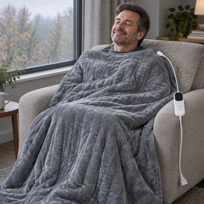 Relaxed man in an armchair wrapped in a gray electric blanket