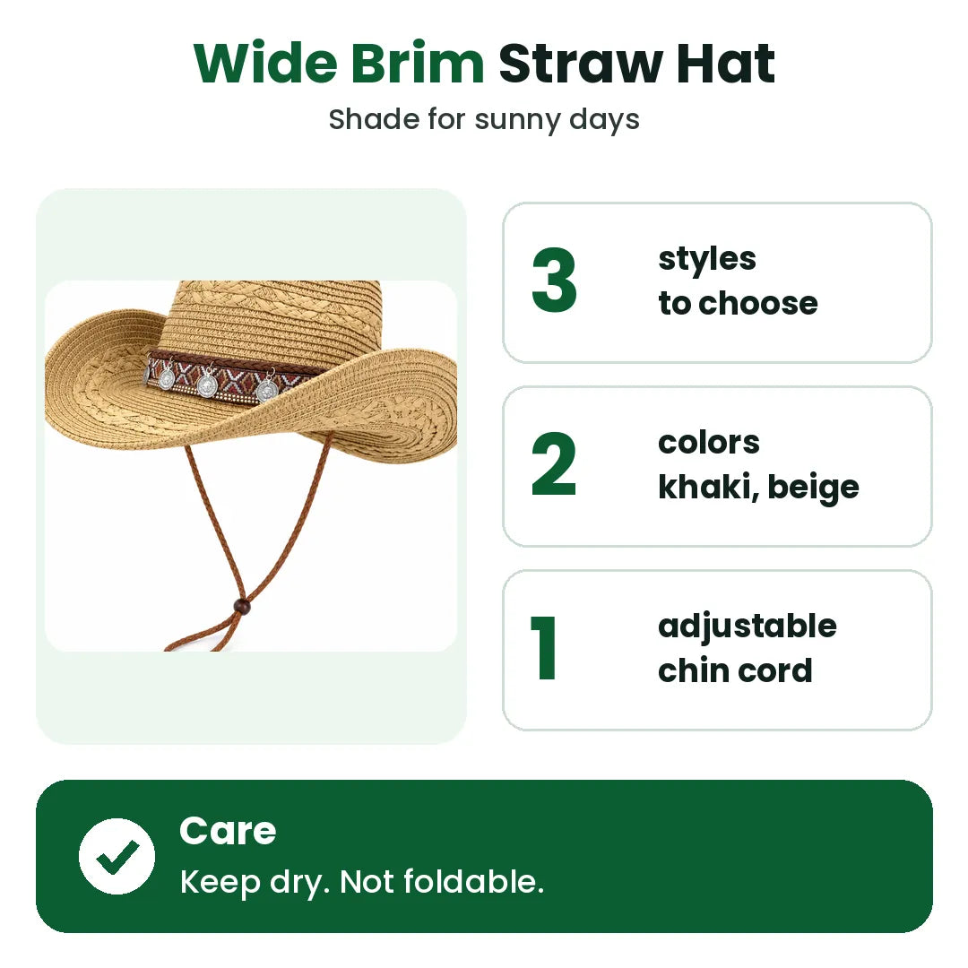 Wide brim straw hat: 3 styles, 2 colors, adjustable chin cord