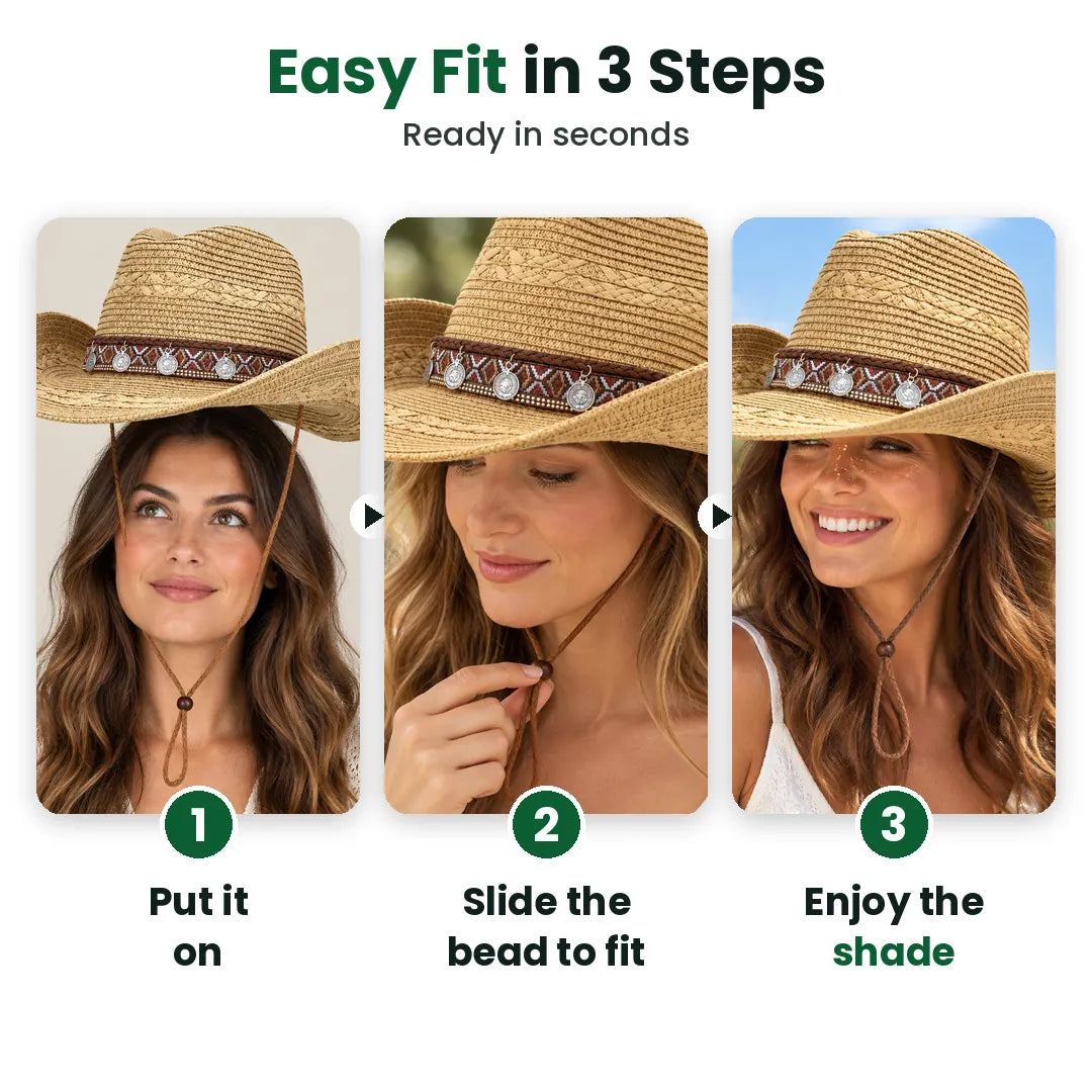How to wear the straw hat in 3 steps: put on, adjust, enjoy shade