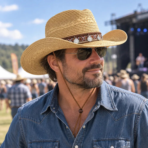 Man at an outdoor festival wearing a western straw cowboy hat
