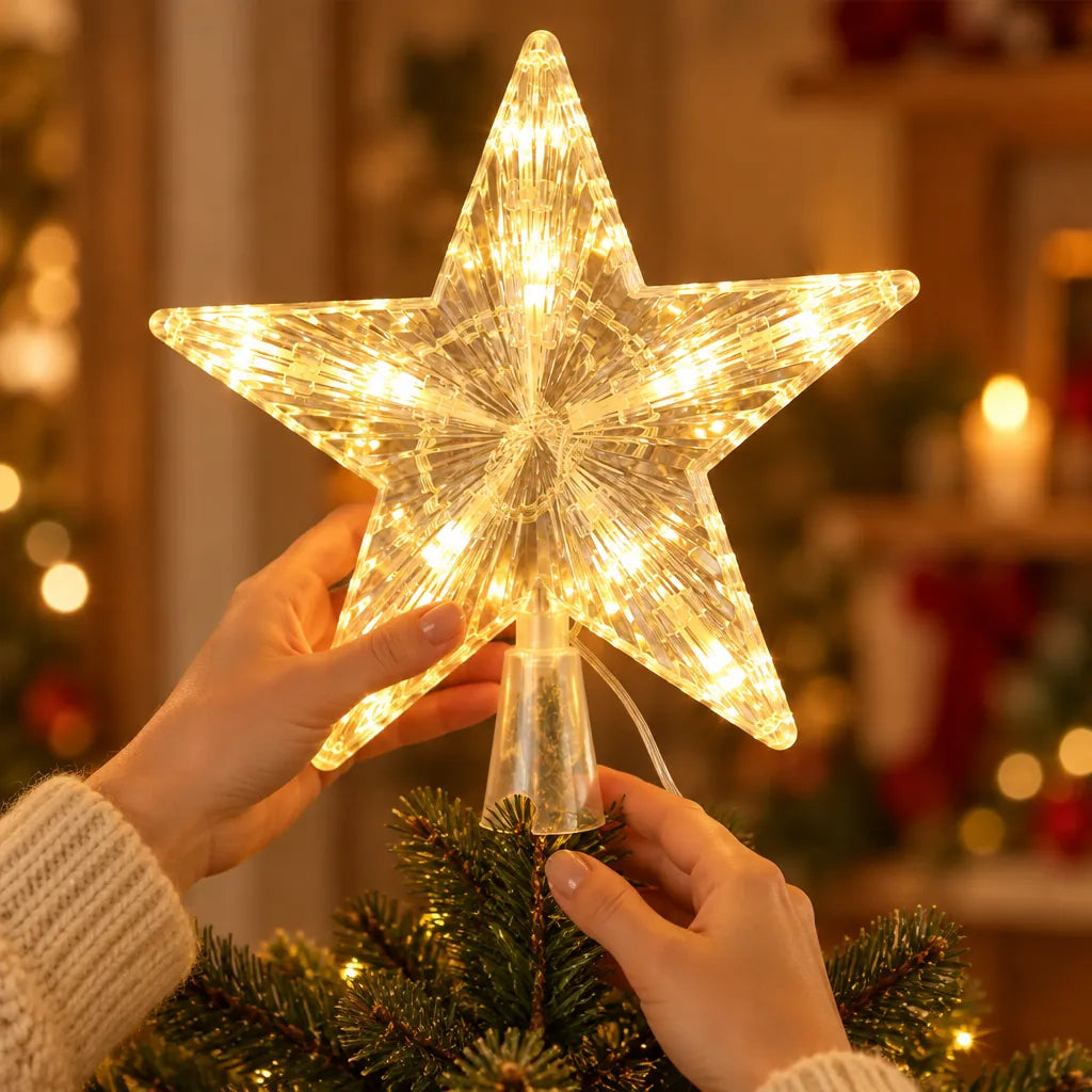Hands placing a lighted star Christmas tree topper on the top branch of a tree