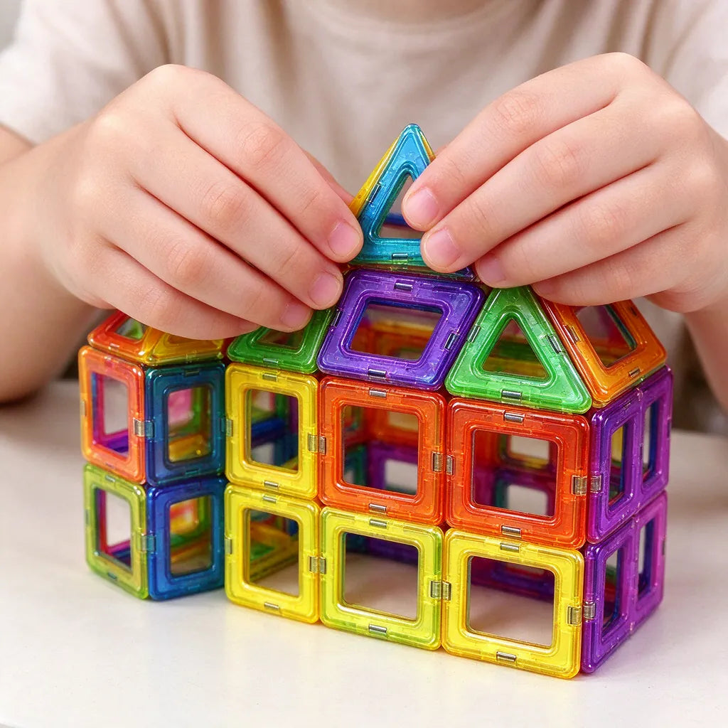 Child's hands snapping magnetic building tiles together into a small house