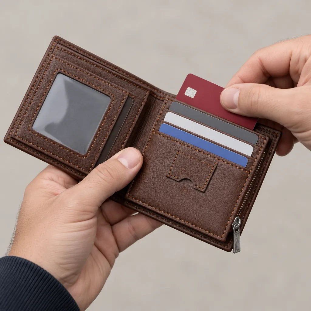 Man sliding a card into the card slot of a brown bifold men's wallet with ID window