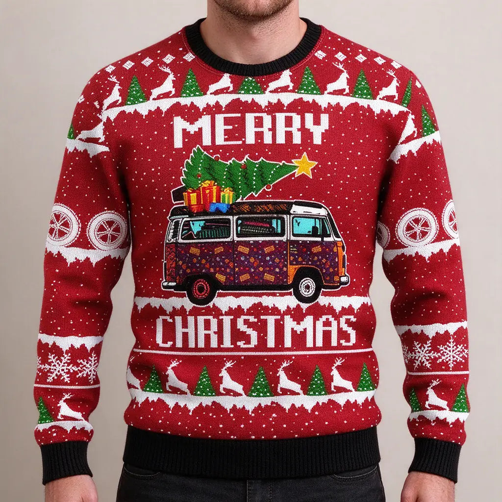 Man wearing a red mens christmas jumper with a camper van and tree design
