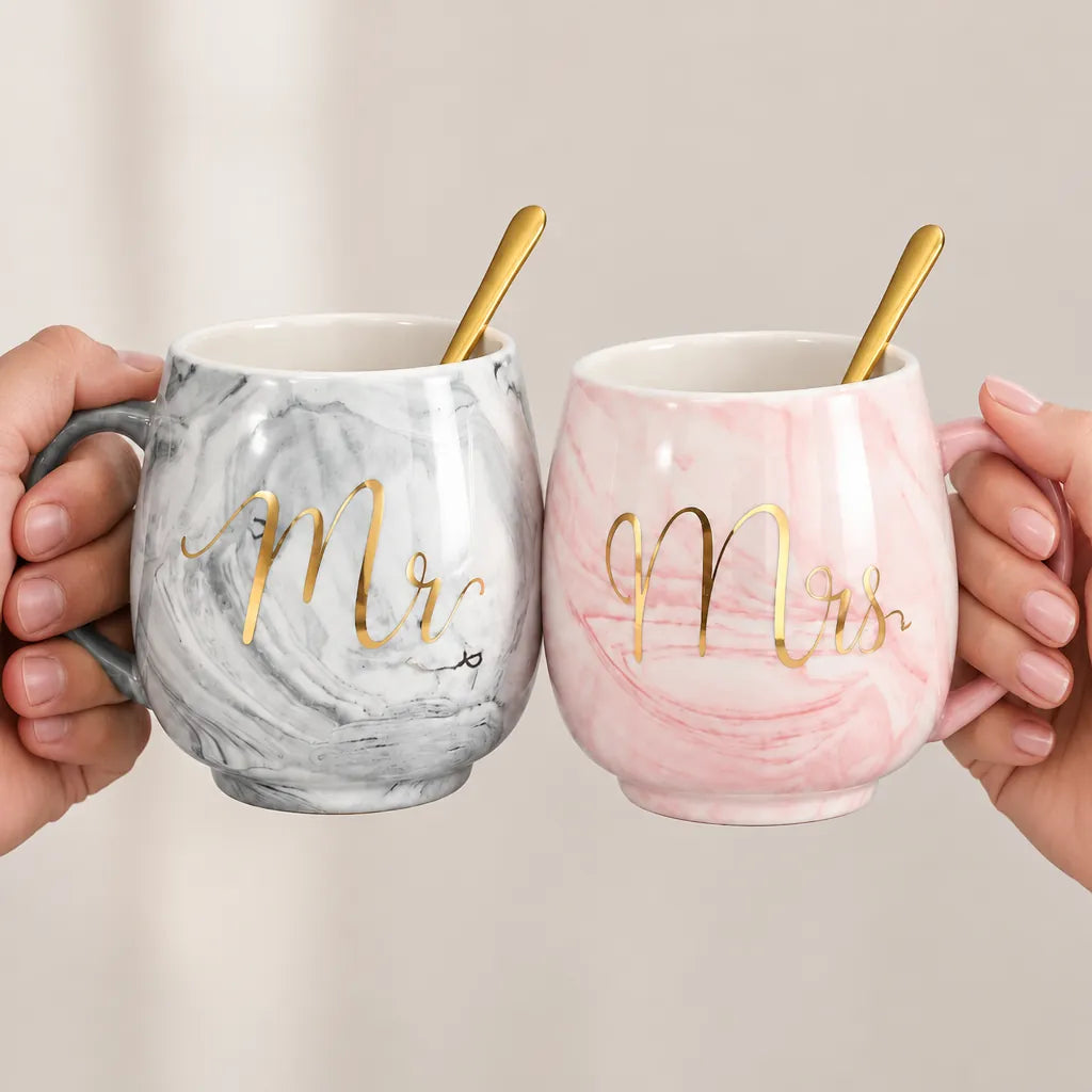 Mr and Mrs Marble Mugs Set of 2 with Gold Spoons